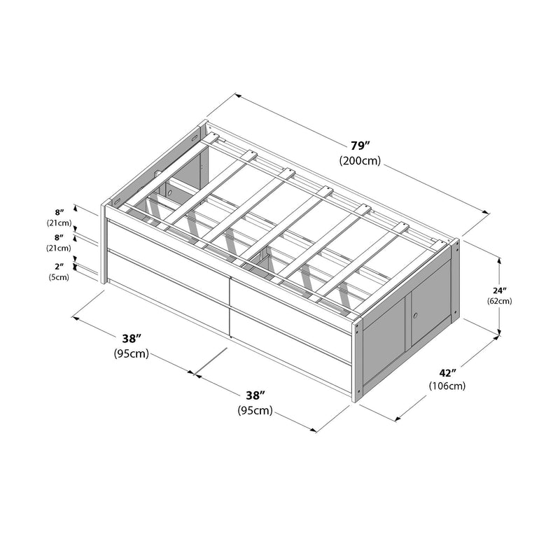 Platform storage bed frame assembly diagram with slats and under-bed drawers, labeled dimensions 79" (200cm), 42" (106cm), 38" (95cm) and 24" (62cm)