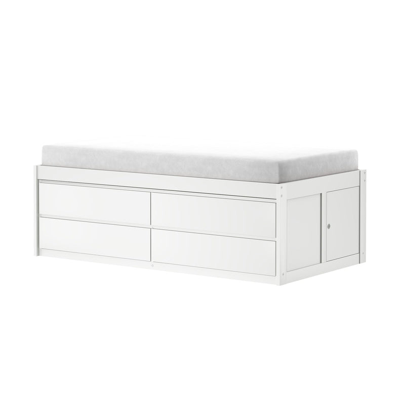 White storage dresser with light gray mattress topper on top, modern minimalist bedroom furniture ideal for nursery or small spaces