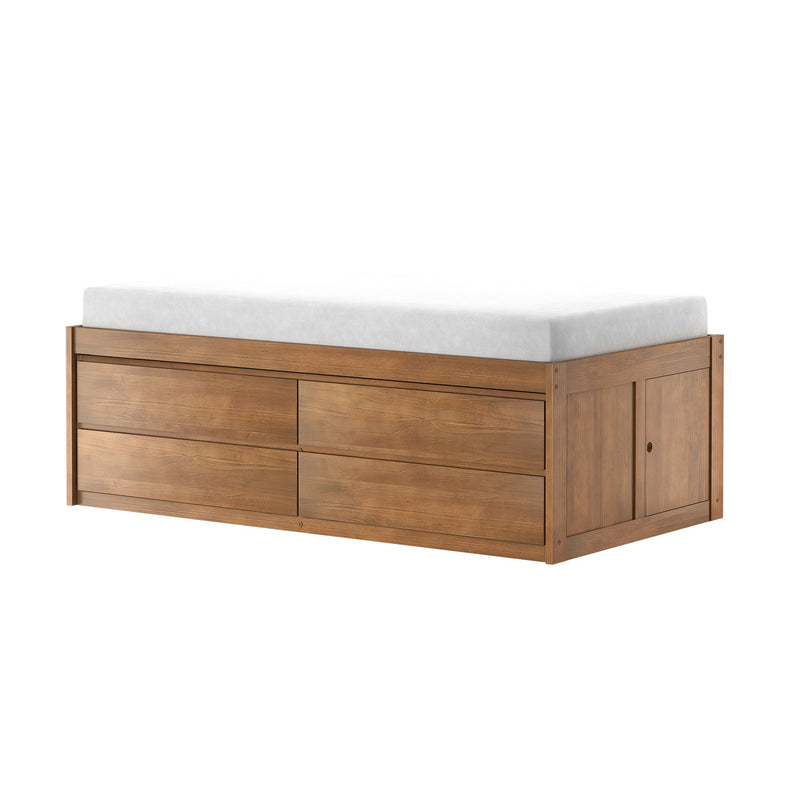 Natural oak wooden storage platform bed with built-in drawers and white mattress — modern bedroom furniture