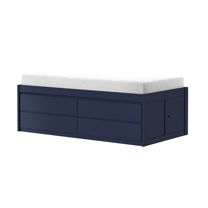 Navy blue wooden storage bed with built-in drawers topped by a white mattress on a white background