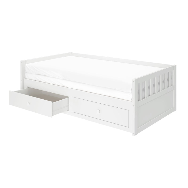 White wooden twin daybed with mattress, built-in pull-out storage drawers and safety guardrail — modern kids' bedroom furniture