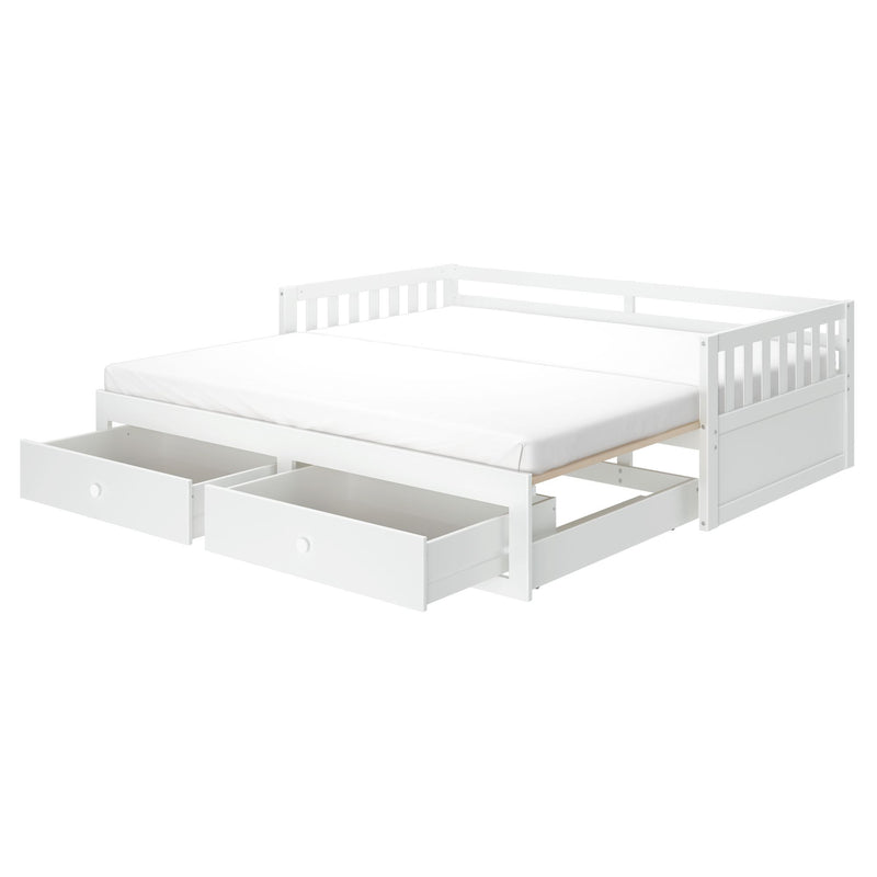 White wooden daybed with safety rails, twin mattress and two under-bed storage drawers, trundle-style kids' bed for small bedrooms