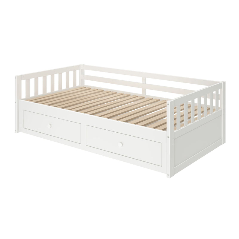 White wooden daybed with natural slatted wood base, side rails and two under-bed storage drawers — modern guest or kids' bed