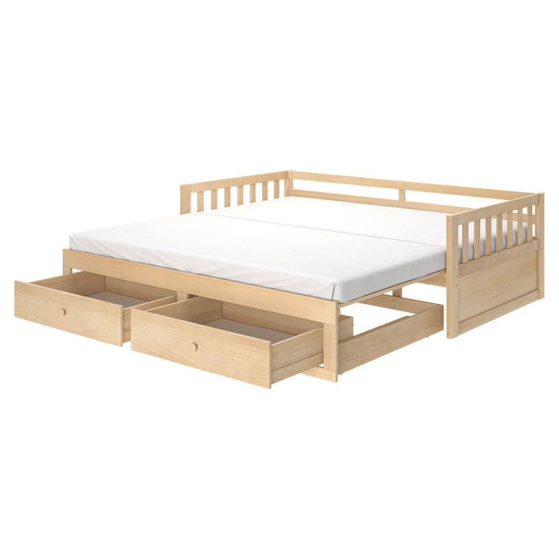 Light wood daybed with white mattress, slatted back and side rails and two under-bed storage drawers, space-saving wooden bed frame