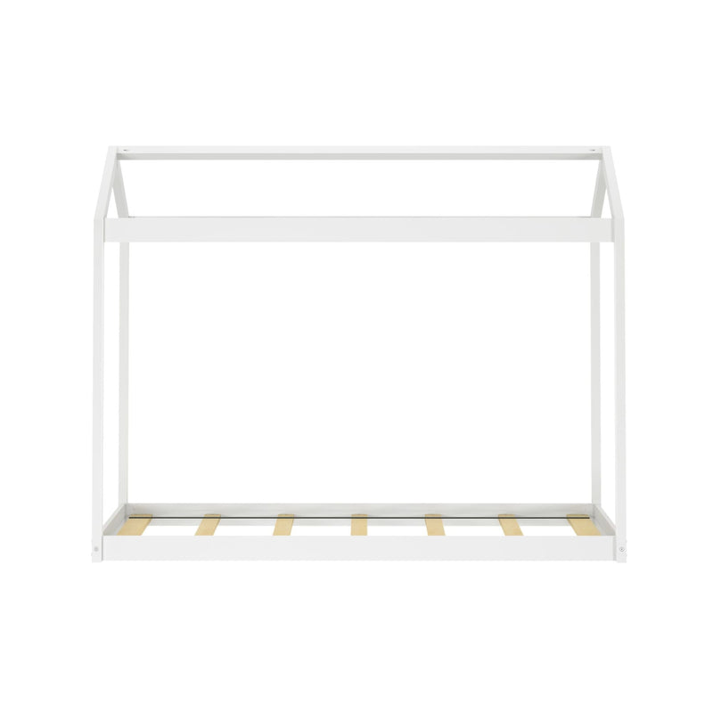 White house-shaped wooden single bed frame with slatted base, minimalist children's/toddler bed for modern nursery
