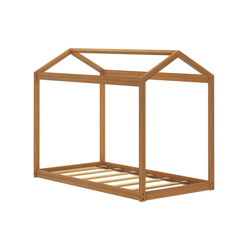 House-shaped wooden kids bed frame in natural oak finish with slatted platform and pitched-roof frame