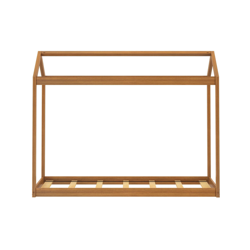 Minimal wooden canopy bed frame with slatted platform base and natural wood finish, modern four-post platform bed on white background