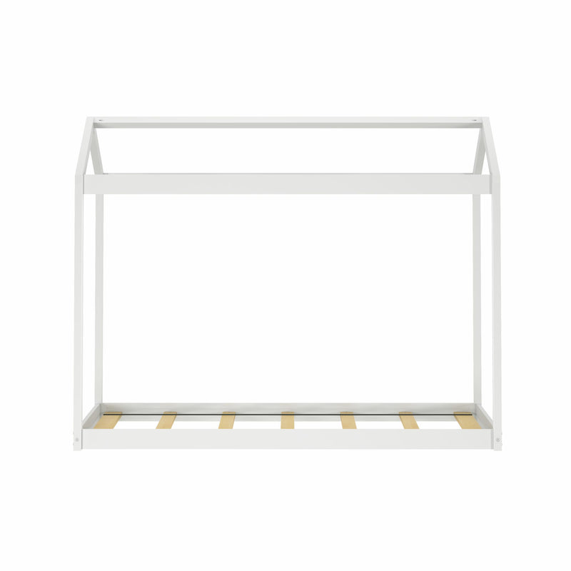 White house-shaped wooden kids bed frame with canopy roof and slatted base, minimalist modern children's bed furniture