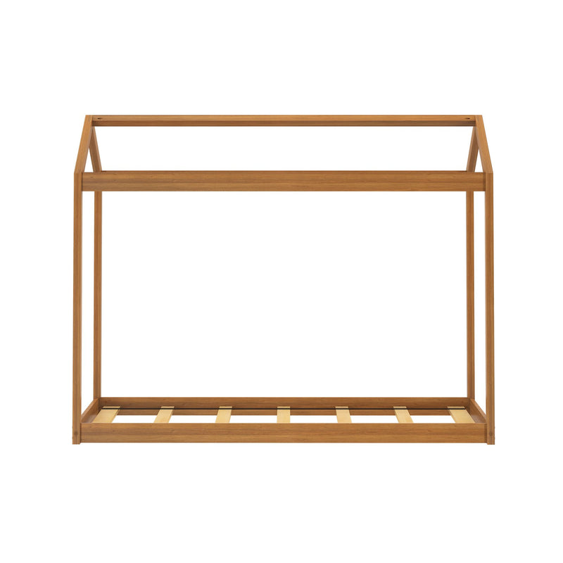 Solid oak canopy bed frame with slatted platform base and natural wood finish, minimalist modern wooden bed frame