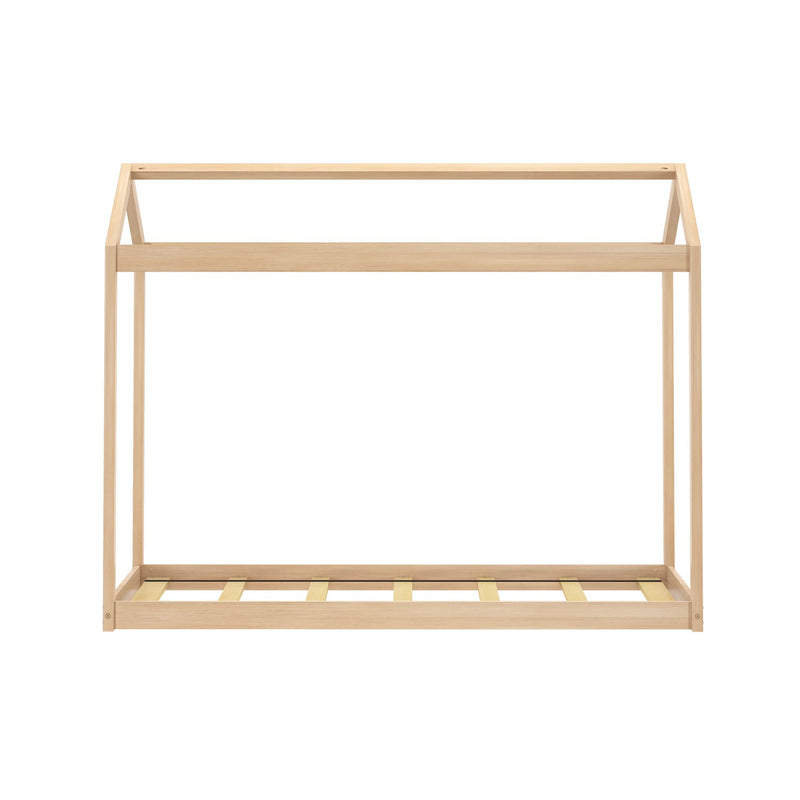 Minimalist natural pine wood canopy bed frame with slatted platform base and light unfinished finish