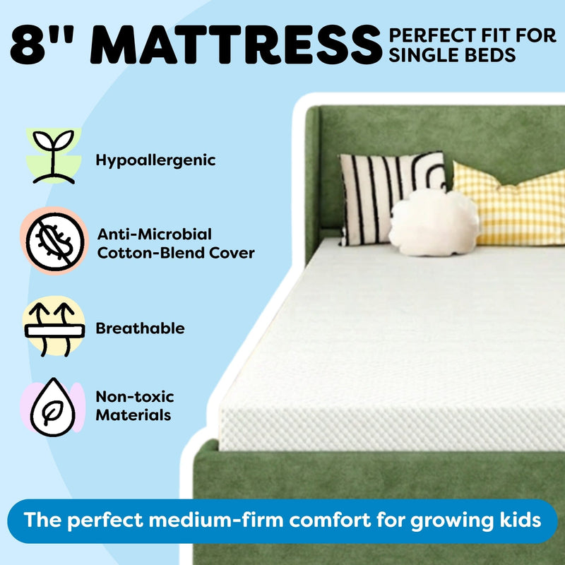 8-inch medium-firm kids mattress for single/twin beds with hypoallergenic breathable foam, anti-microbial cotton-blend cover and non-toxic materials on a green upholstered bed
