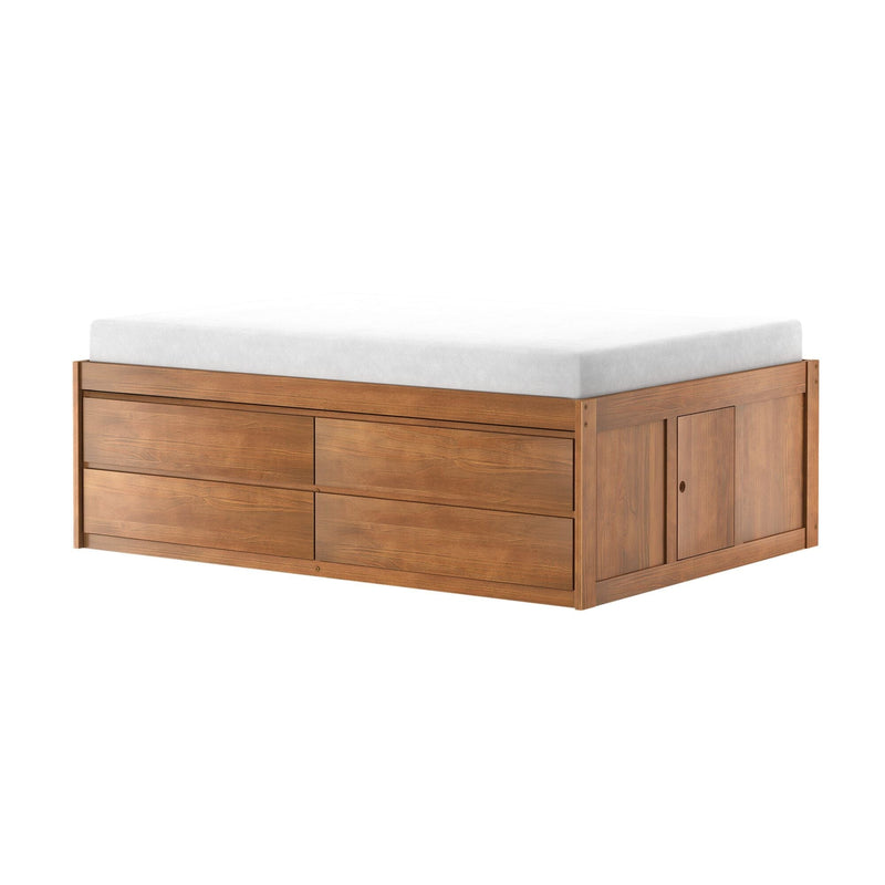 Walnut-finish solid wood platform storage bed with built-in drawers and white mattress topper