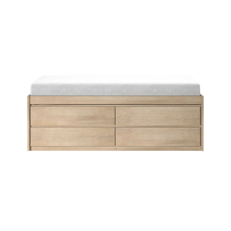 Light oak six-drawer dresser topped with white contoured changing pad, modern nursery storage furniture