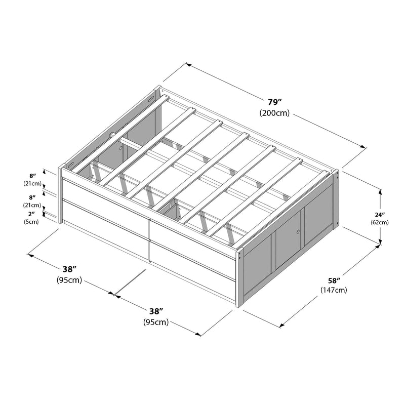 Isometric assembly diagram of a wooden platform bed frame with slatted support and under-bed storage drawers, labeled dimensions 79" (200 cm) length × 58" (147 cm) width × 24" (62 cm) height for assembly and size reference