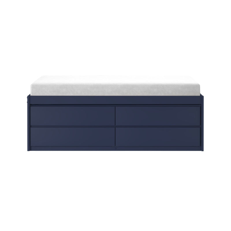 White memory foam mattress on navy blue platform storage bed with drawers, front view on white background