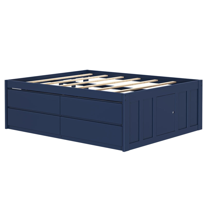 Navy blue platform storage bed frame with wooden slats and built-in drawers, modern low-profile design