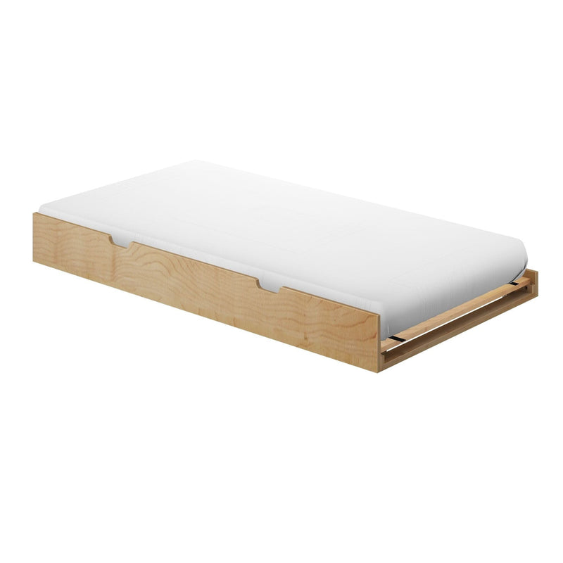 White mattress on a low-profile light-wood platform bed frame with natural wood finish, minimalist modern bedroom furniture
