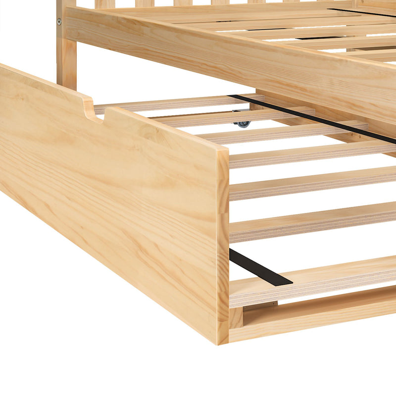 Natural pine slatted twin bed frame with trundle roller and black support strap