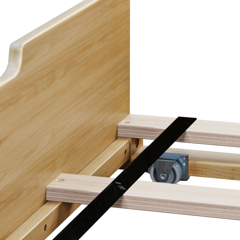 Close-up of wooden bed frame slats and support rail with caster wheel and black metal strap on a plywood bed base