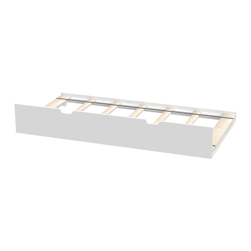 White platform bed base with wooden slats and central metal support rail for mattress support