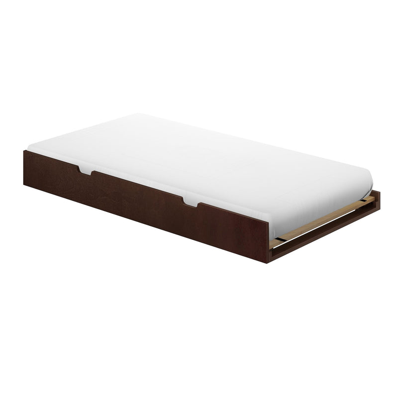 White mattress on dark brown wooden platform bed with pull-out trundle storage and slatted support
