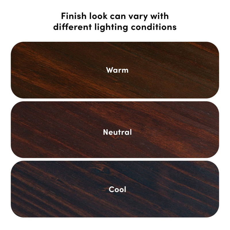 Dark wood flooring finish samples showing color variation under warm, neutral, and cool lighting conditions