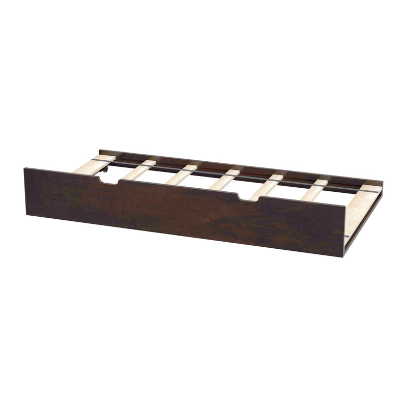 Dark brown wooden platform bed frame with slatted wood support rails and under-bed storage, modern low-profile design