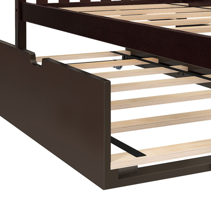 Dark brown platform bed frame with wooden slats and pull-out underbed storage drawer on casters — space-saving trundle for modern bedroom furniture
