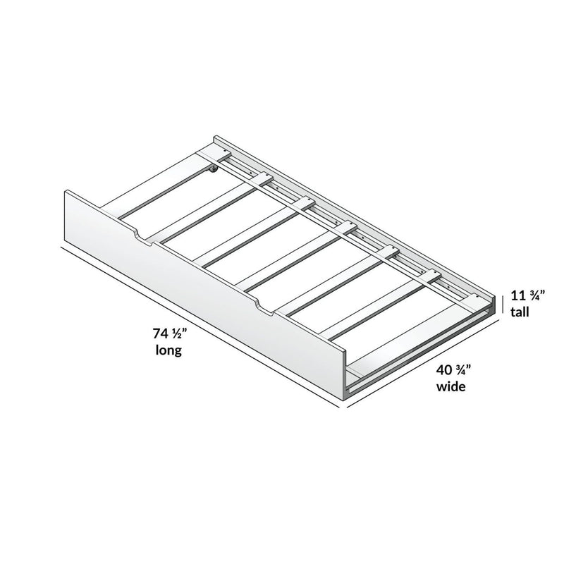 Diagram of a wooden twin platform bed frame with slat supports and headboard, showing dimensions 74 1/2 in long × 40 3/4 in wide × 11 3/4 in tall — assembly/dimension diagram for twin bed frame