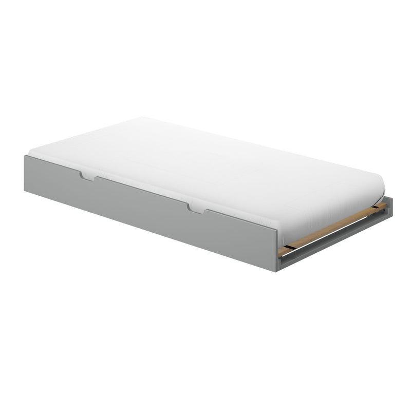 Minimalist white mattress on a low-profile gray platform bed frame with exposed wooden slats and cutout side panels, modern platform bed for small bedrooms