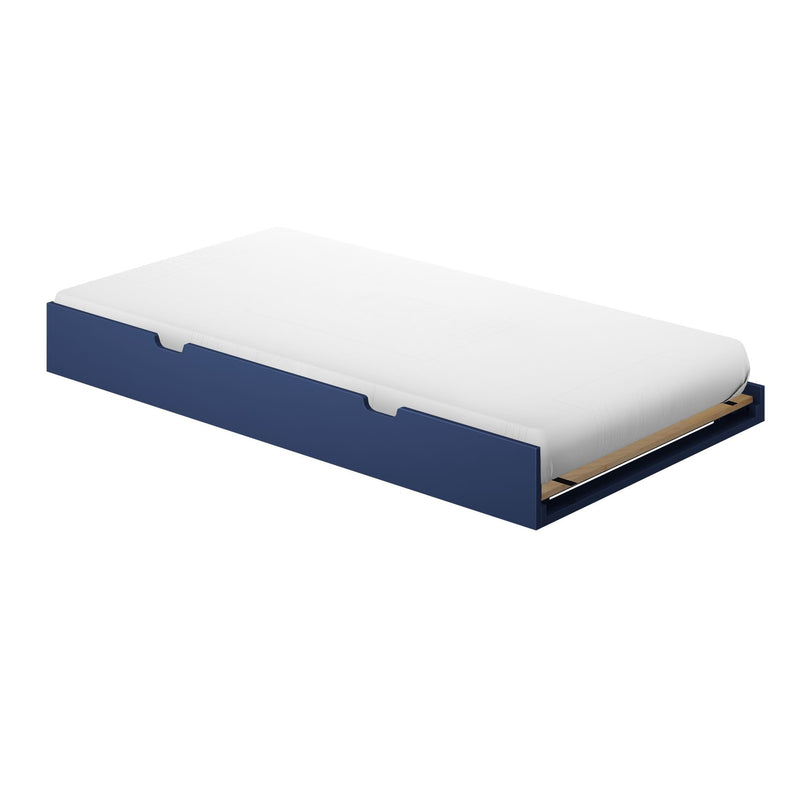 White twin mattress on navy blue trundle bed frame with visible wooden slats – storage bed