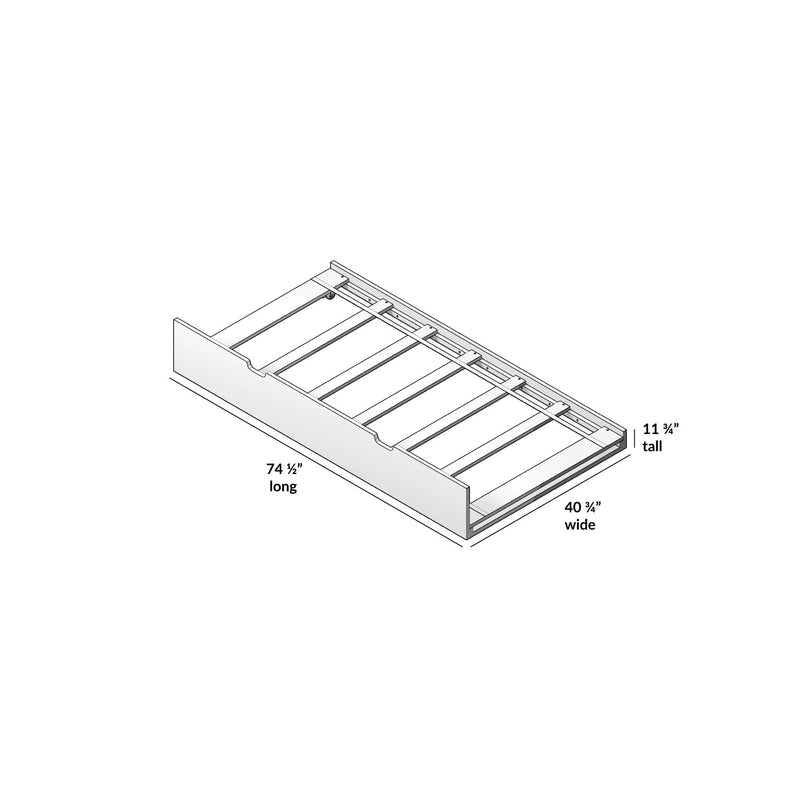 Assembly diagram of a wooden platform bed frame with slatted base and support rails showing dimensions 74 1/2" long × 40 3/4" wide × 11 3/4" tall