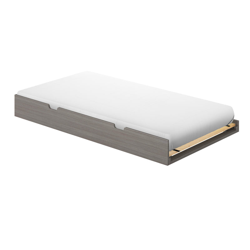 Modern grey wood twin platform bed frame with white mattress and built-in underbed storage, minimalist bedroom furniture
