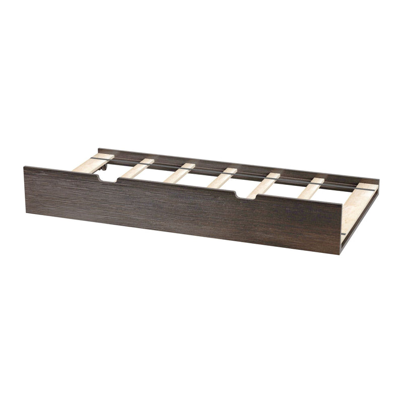 Dark wood twin bed frame with wooden slatted base and trundle storage