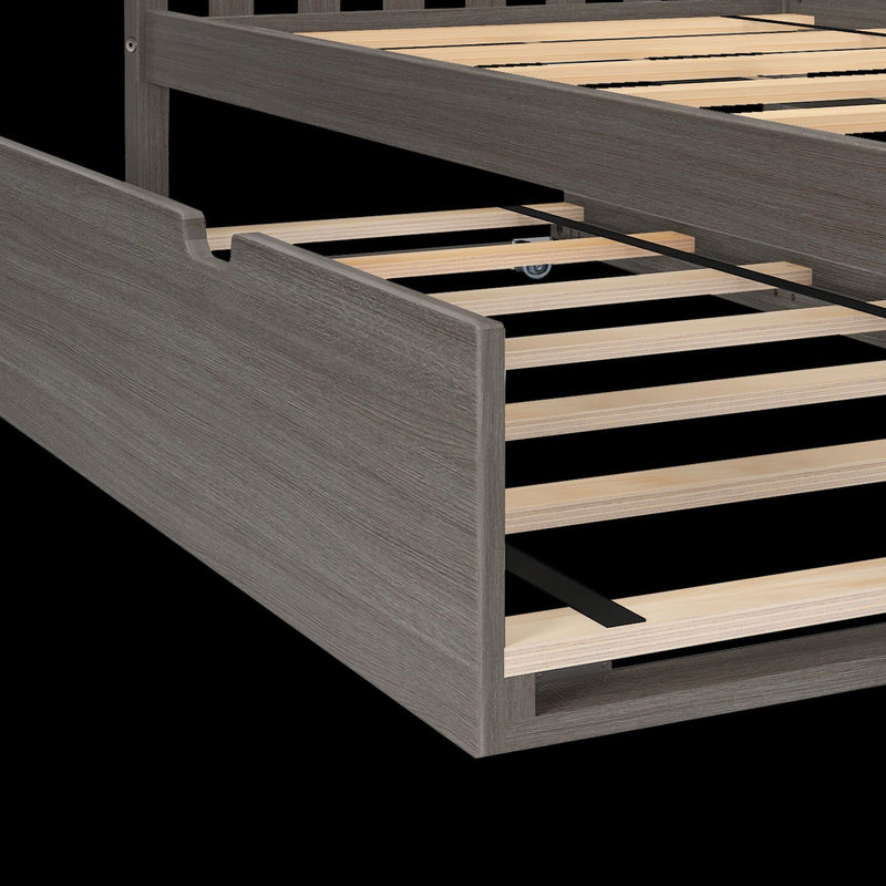 Gray wood platform bed frame with wooden slats, center support rail and hidden trundle wheel, modern storage bedroom furniture