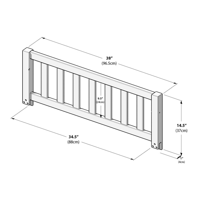 Slatted wooden baby crib guardrail safety rail diagram with dimensions: 38 in (96.5 cm) overall length, 34.5 in (88 cm) inner width, 14.5 in (37 cm) height, 9.5 in (24 cm) slat spacing