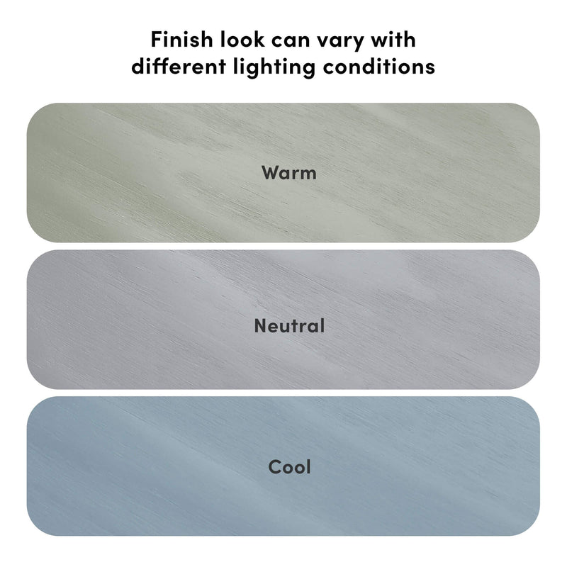 Wood finish color variation under different lighting conditions: warm (greenish), neutral (gray), and cool (bluish) sample swatches