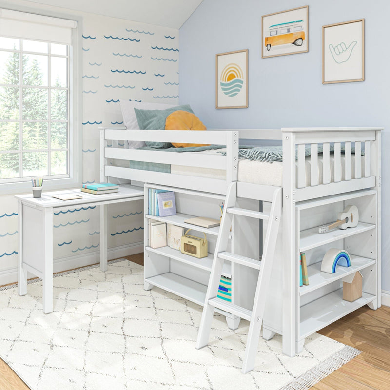 White wooden loft bed with built-in desk, open shelving and ladder in sunlit coastal-themed kids bedroom with wave wall decals, pastel pillows and framed art