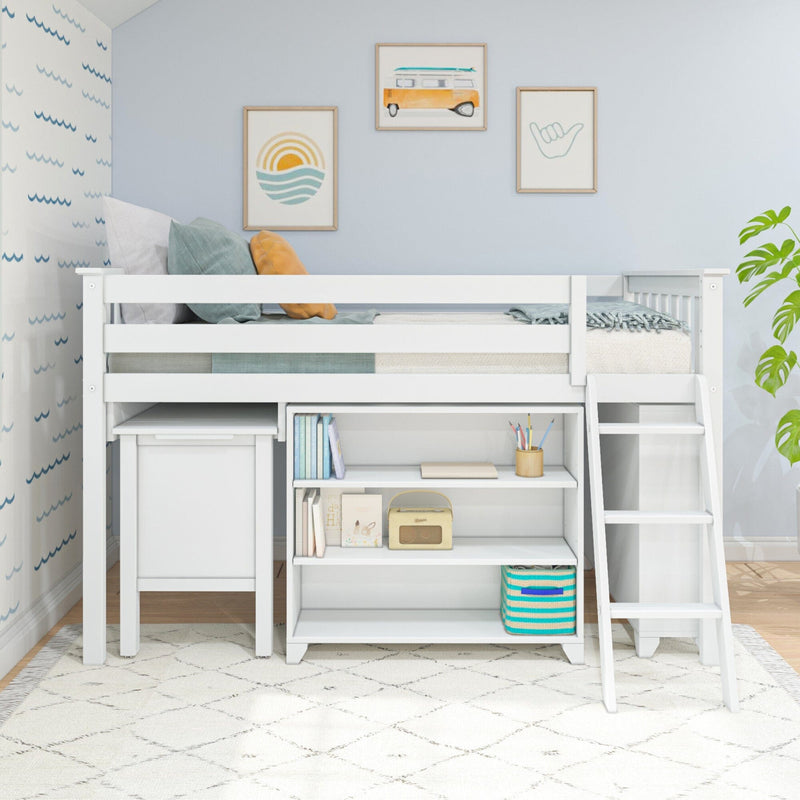 White kids loft bed with ladder, built-in desk and shelves, sea-themed wall art, teal pillow and striped storage basket