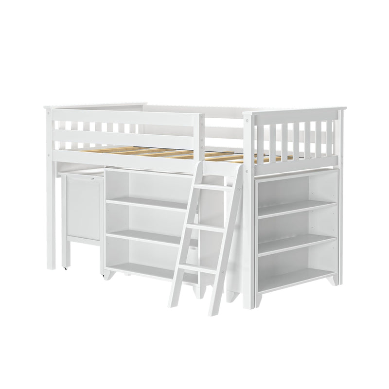 White wooden twin loft bed with built-in ladder, open shelving and drawers for kids' space-saving storage