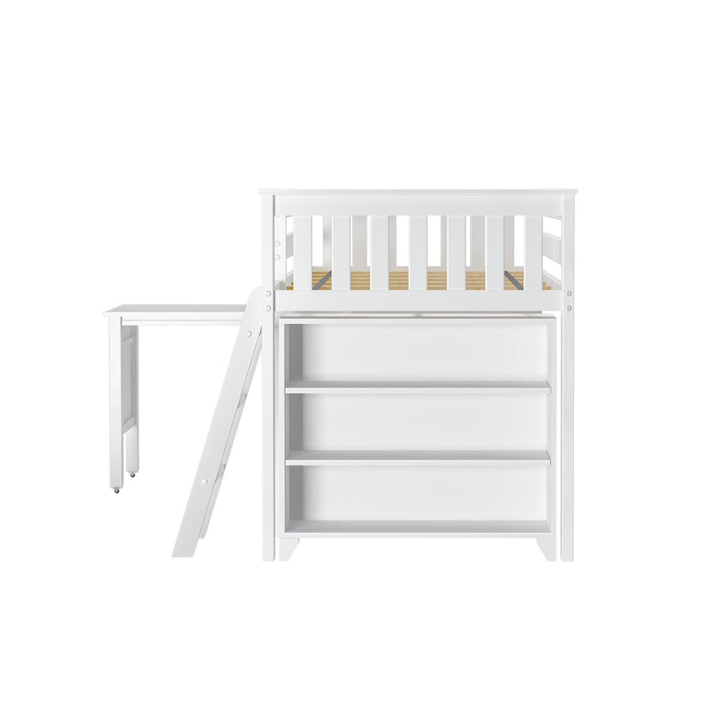Minimalist white loft bed frame with ladder, integrated open storage shelves and visible wooden slat mattress support for kids' bedroom