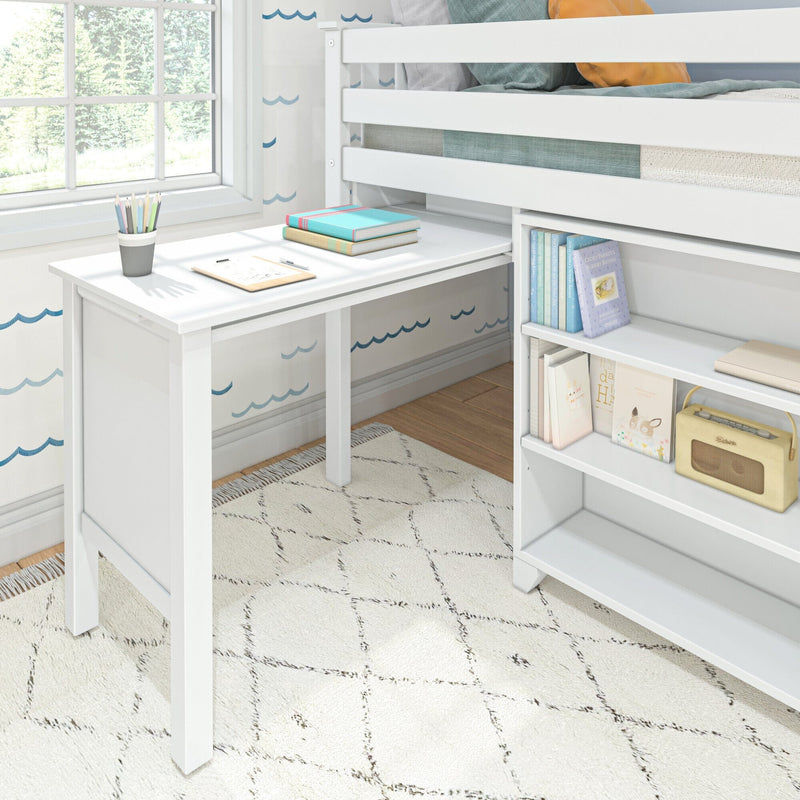 White kids loft bed with built-in desk and storage shelves by a sunny window, cozy study area with books and colored pencils
