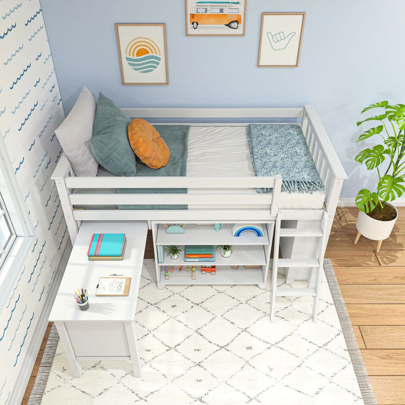 White wooden kids loft bed with built-in desk and storage shelves, teal bedding and orange accent pillow, coastal wall art and potted plant – children's bedroom décor