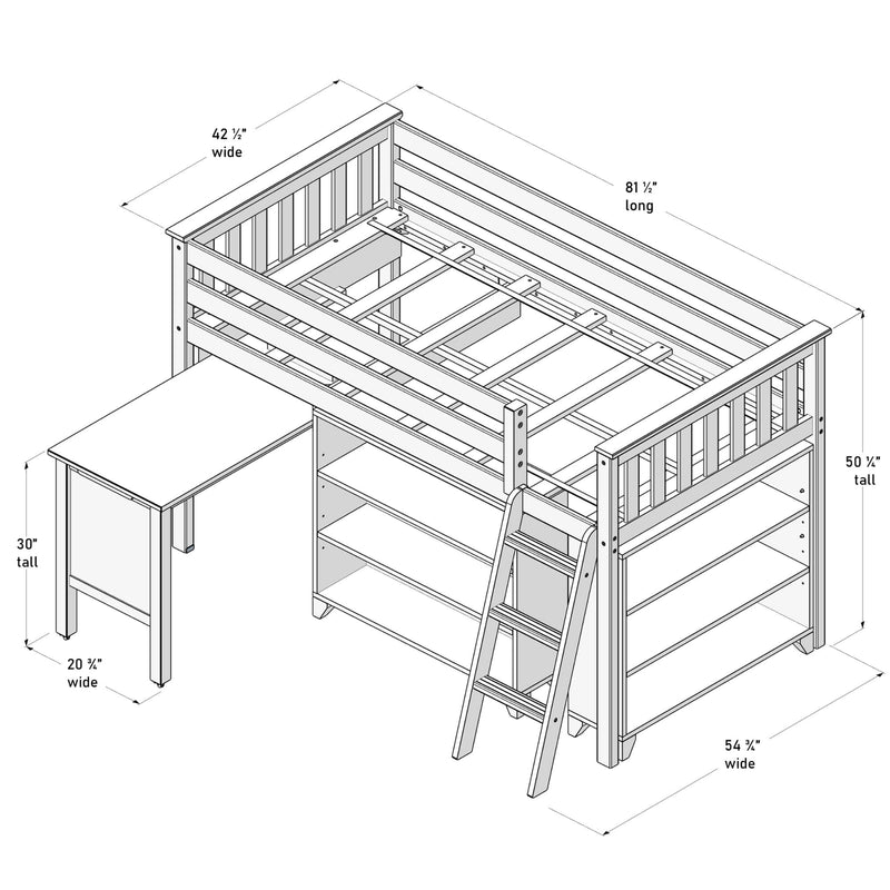 Isometric loft bed assembly diagram with ladder, integrated desk and storage shelves, dimensions labeled 81½″ long × 54¾″ wide × 50¼″ tall and 30″ desk height
