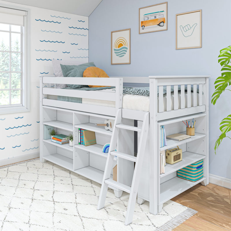 White kids loft bed with built-in storage shelves and ladder in coastal-themed bedroom with wave wall decals, teal bedding and framed surf art