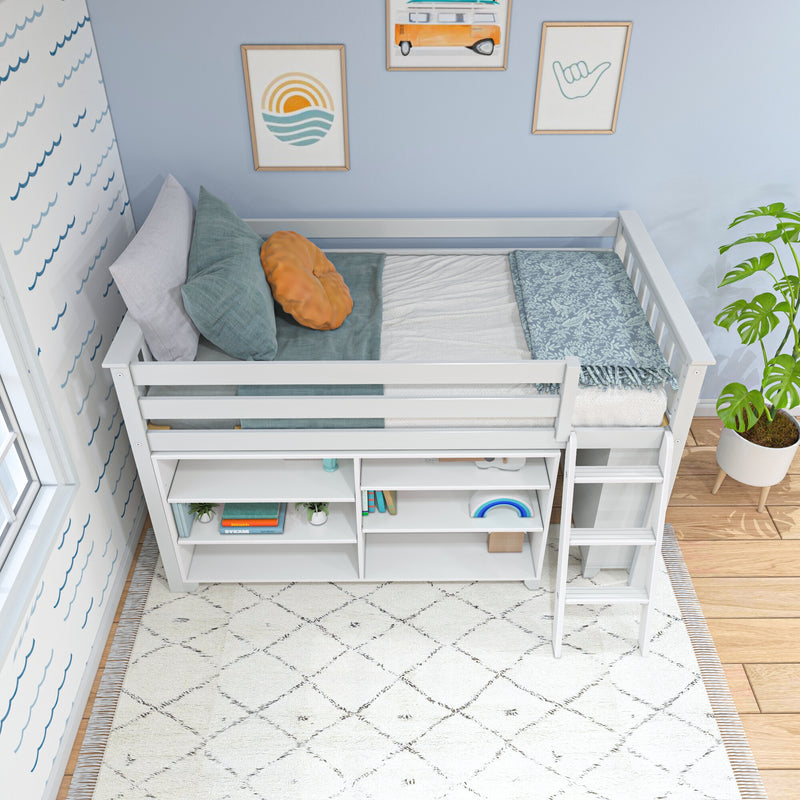 White children's loft bed with built-in storage shelves, teal bedding and orange accent pillow in coastal-themed nursery room