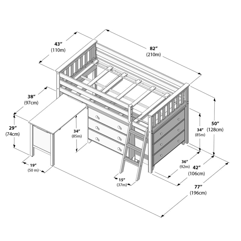 Isometric assembly diagram of a wooden loft bed with integrated dresser, ladder and pull-out desk showing annotated dimensions in inches and centimeters — loft bed with storage and workspace