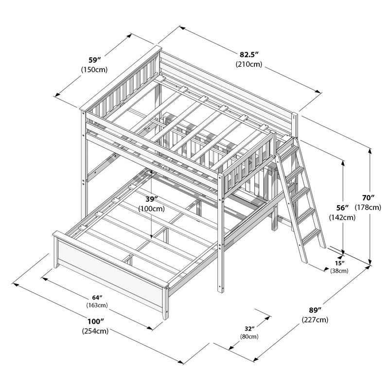 Assembly diagram of a wooden twin-over-full loft bunk bed frame with ladder, guardrails, slatted mattress supports and annotated dimensions in inches and centimeters for footprint and height