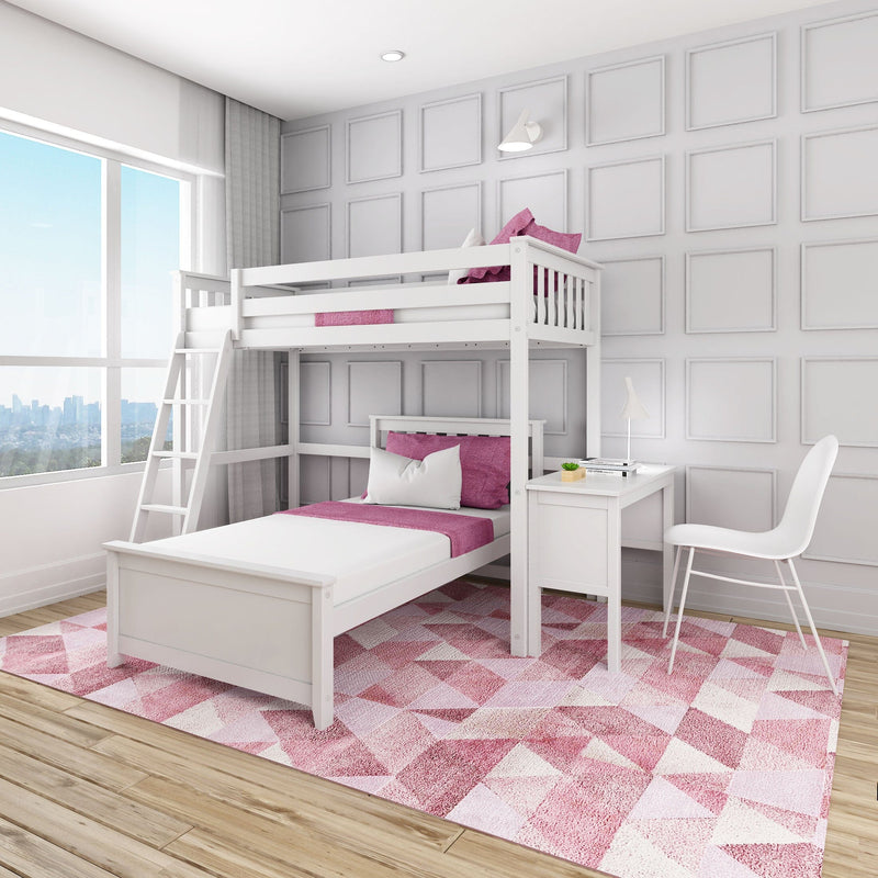 Bright modern kids bedroom with white bunk bed, pink bedding and geometric rug, large window with city skyline view