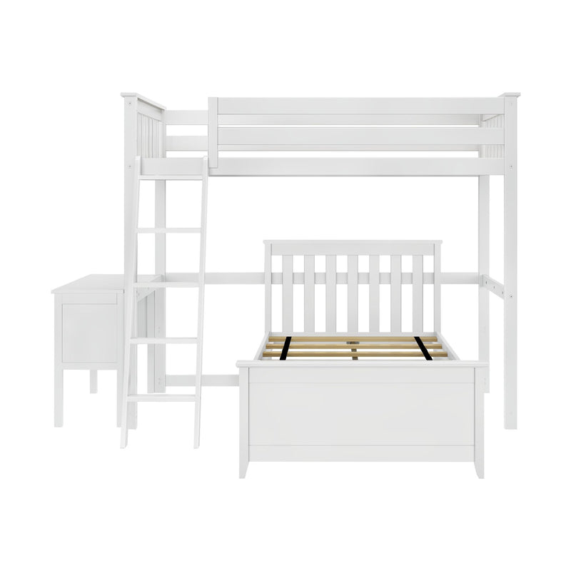 White solid wood loft bunk bed with ladder, upper guardrail, lower slatted bed frame and built-in storage cabinet for kids' room